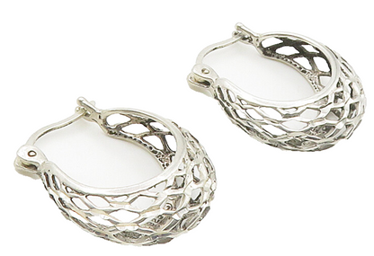 925 Sterling Silver  Vintage Shiny Open Net Style Hoop Earrings  EG7948