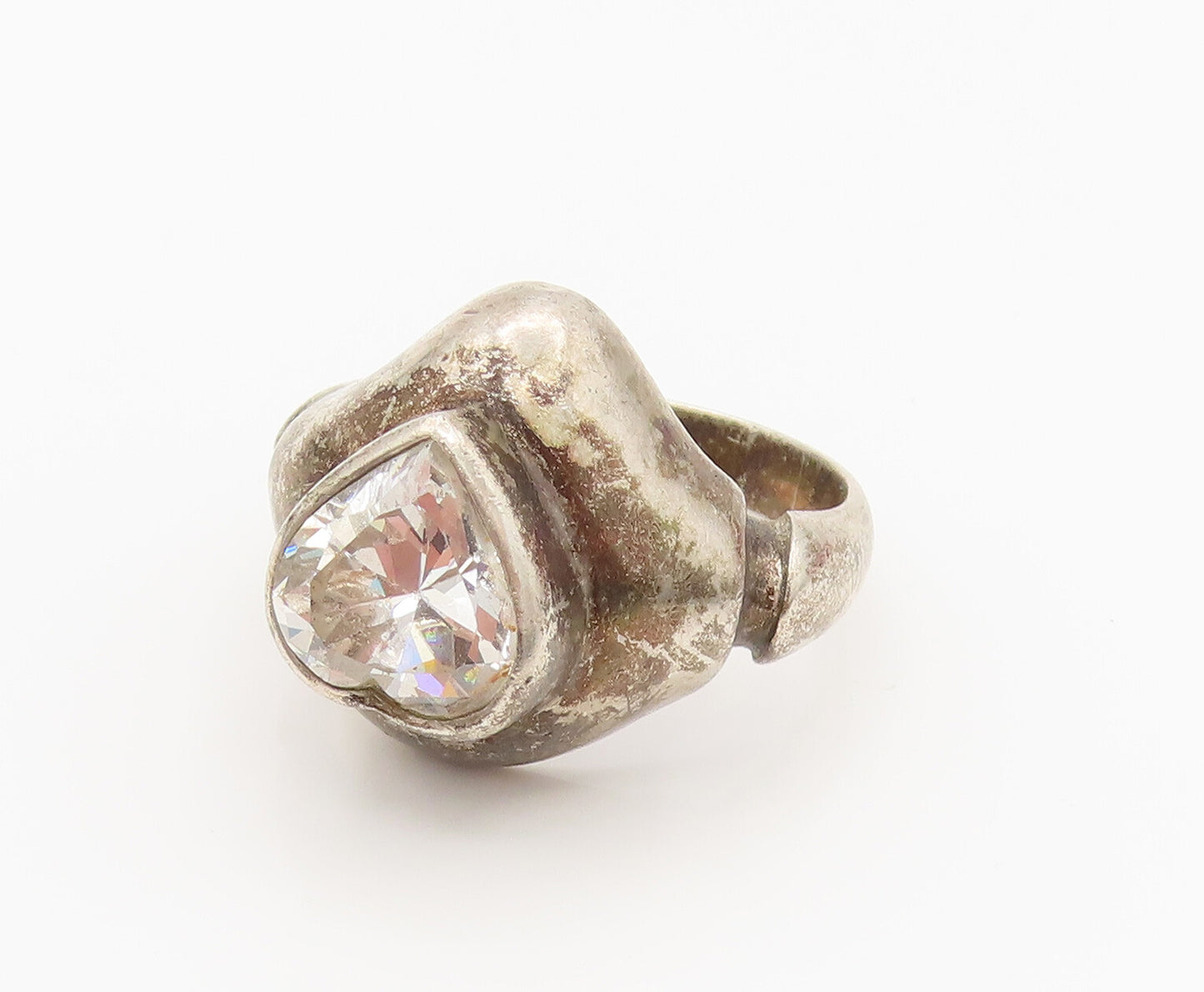 925 Sterling Silver  Vintage Heart Shaped Cubic Zirconia Ring Sz 10  RG26257