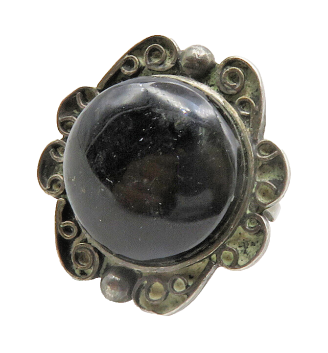 925 Sterling Silver  Vintage Black Onyx Floral Cocktail Ring Sz 6.5  RG13721