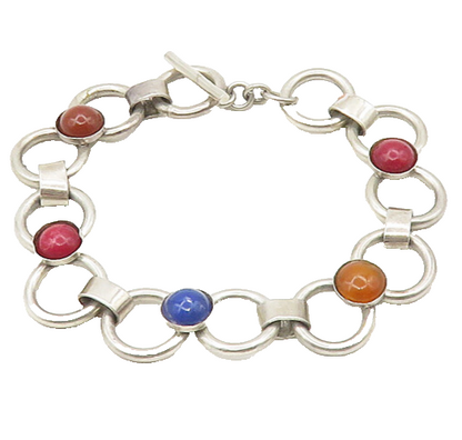 MEXICO 925 Sterling Silver Vintage Carnelian & Multi Stone Chain Bracelet BT7201