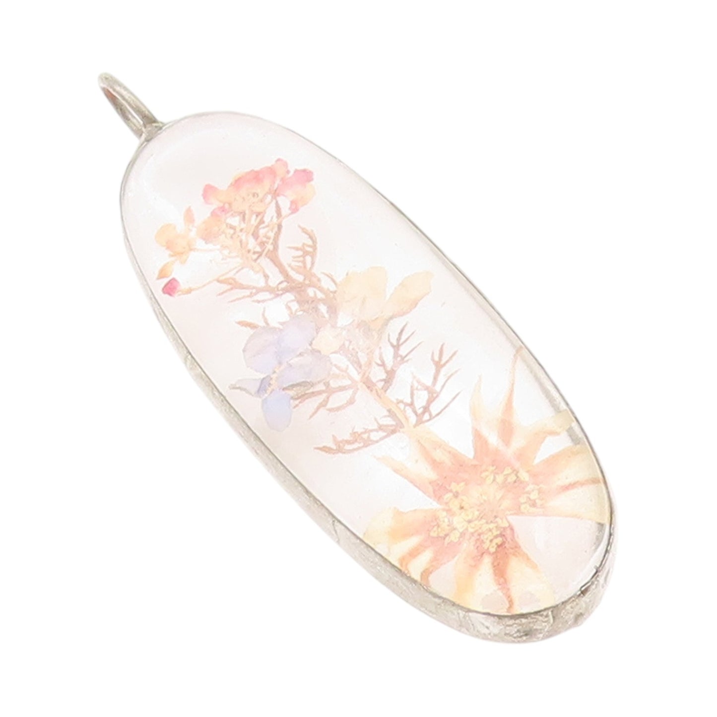 925 Sterling Silver Vintage Pendant Modernist Floating Pressed Flowers  PT24212