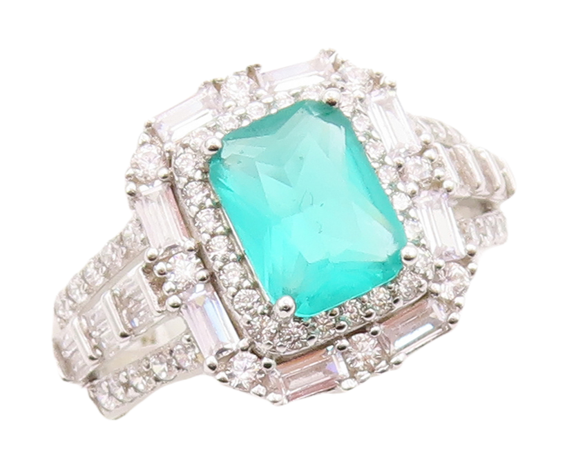 925 Sterling Silver Vintage Ring Rectangle Sea Green Halo White CZ  Sz 7 RG30852