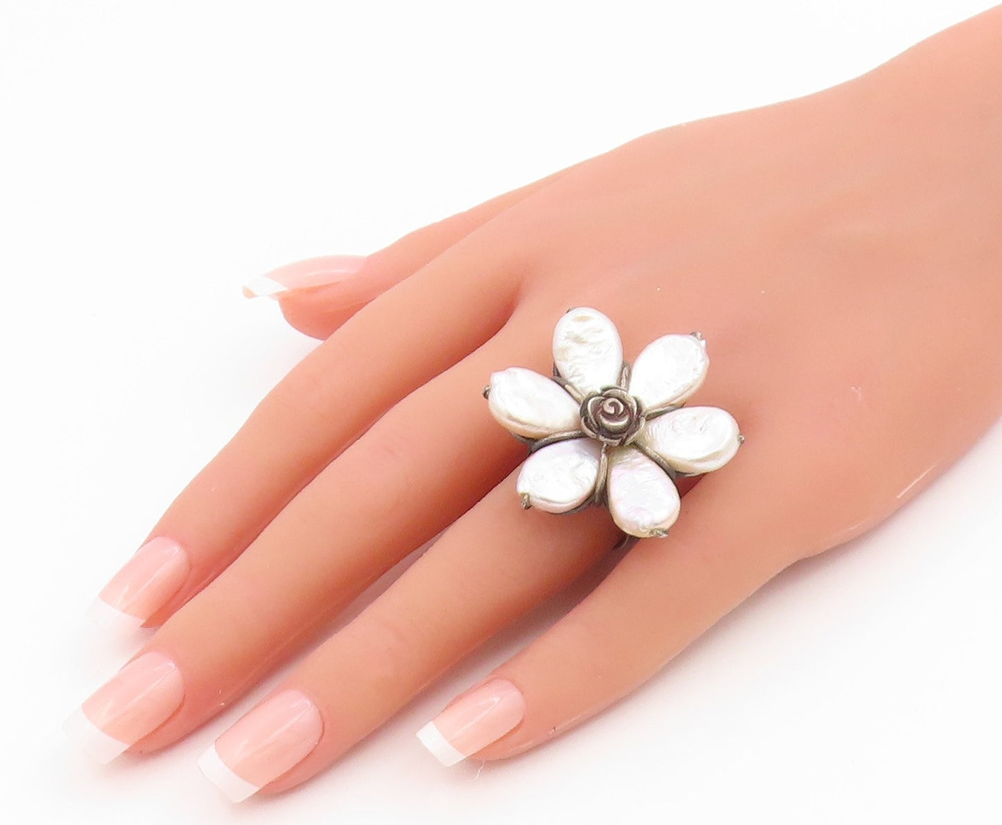 925 Sterling Silver Vintage Ring Elegant Mother Of Pearl Flower  Sz 8  RG35744