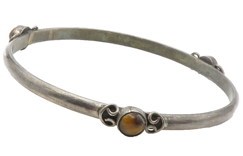 MEXICO 925 Sterling Silver  Vintage Tiger's Eye Swirl Bangle Bracelet  BT5766