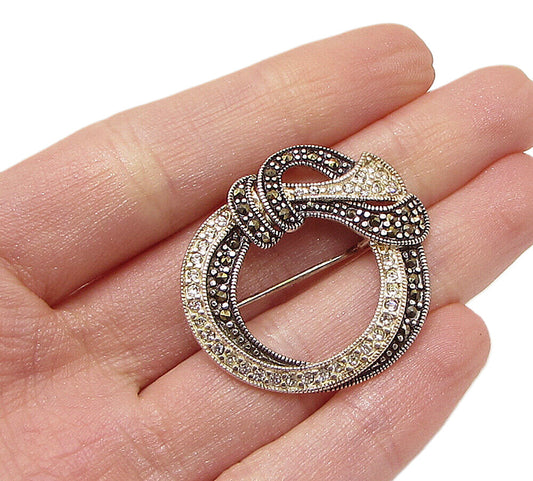 925 Sterling Silver  Vintage Cubic Zirconia & Marcasite Brooch Pin  BP1048