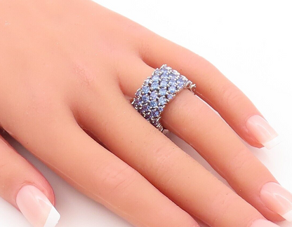 925 Sterling Silver Vintage Ring Broad Band Round Sapphire Inlay  Sz 7.5 RG29667