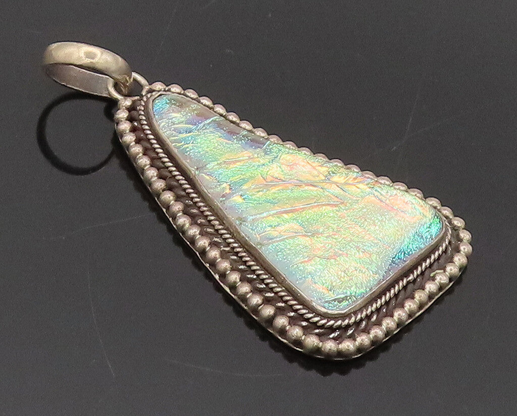 925 Sterling Silver Vintage Pendant Roman Glass Halo Twisted Rope Beaded PT22435