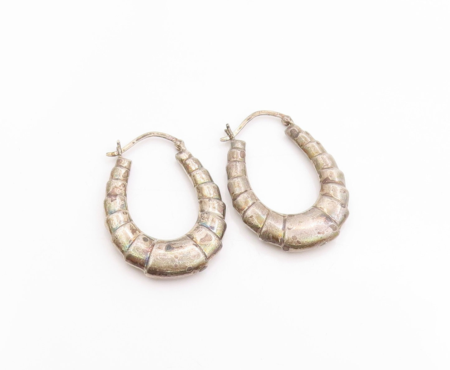 925 Sterling Silver Vintage Earrings Solid Ribbed Statement Design Hoops EG13689