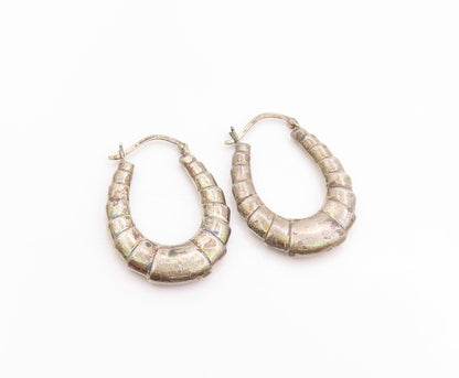 925 Sterling Silver Vintage Earrings Solid Ribbed Statement Design Hoops EG13689