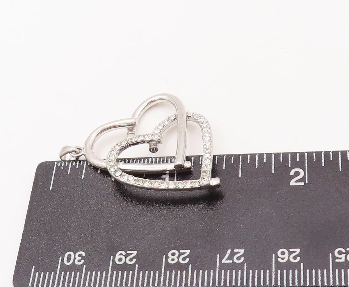 925 Sterling Silver Vintage Pendant CZ Beaded Double Heart Cutout   PT23148
