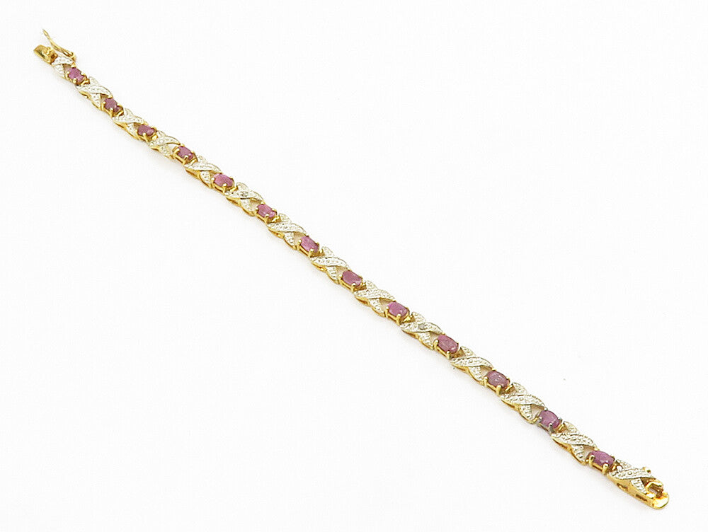 925 Sterling Silver  Genuine Diamonds & Ruby Shiny Chain Bracelet  BT5871