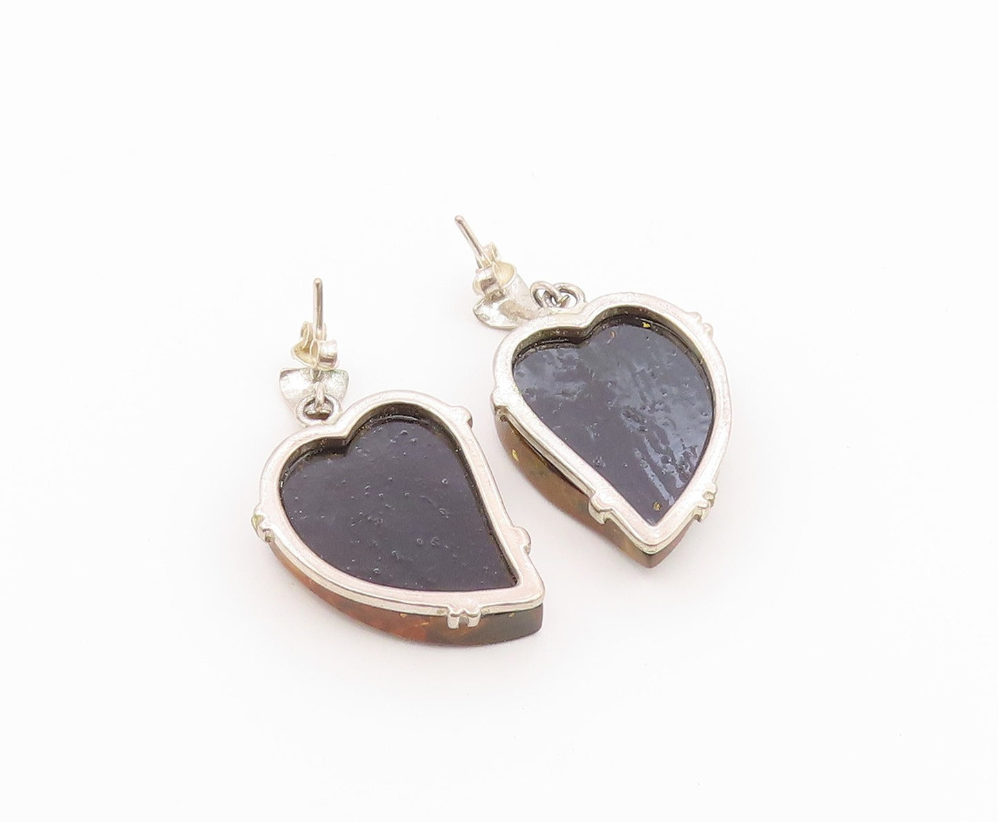 925 Sterling Silver Vintage Earrings Modernist Baltic Amber Love Heart  EG14510