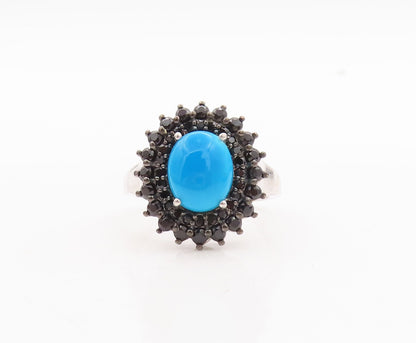 925 Sterling Silver Vintage Ring Cabochon Turquoise & Spinel Flower Sz 8 RG29758