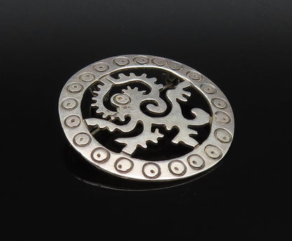 925 Sterling Silver  Vintage Circle Pattern & Dragon Cutout Brooch Pin  BP9898