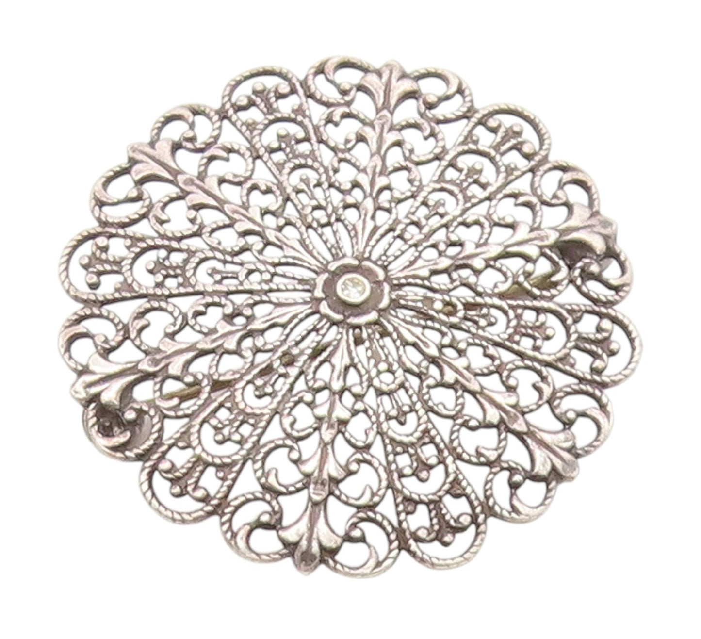 925 Sterling Silver Vintage Brooch Pin Topaz Intricate Floral Filigree  BP12384