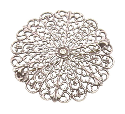 925 Sterling Silver Vintage Brooch Pin Topaz Intricate Floral Filigree  BP12384