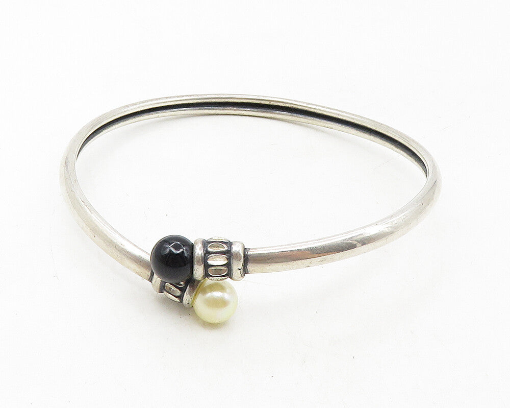 KBN KABANA 925 Silver  Vintage Pearl & Onyx Bypass Cuff Bracelet  BT4375