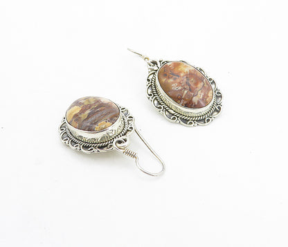 925 Sterling Silver  Vintage Cabochon Cut Brown Jasper Dangle Earrings  EG3724