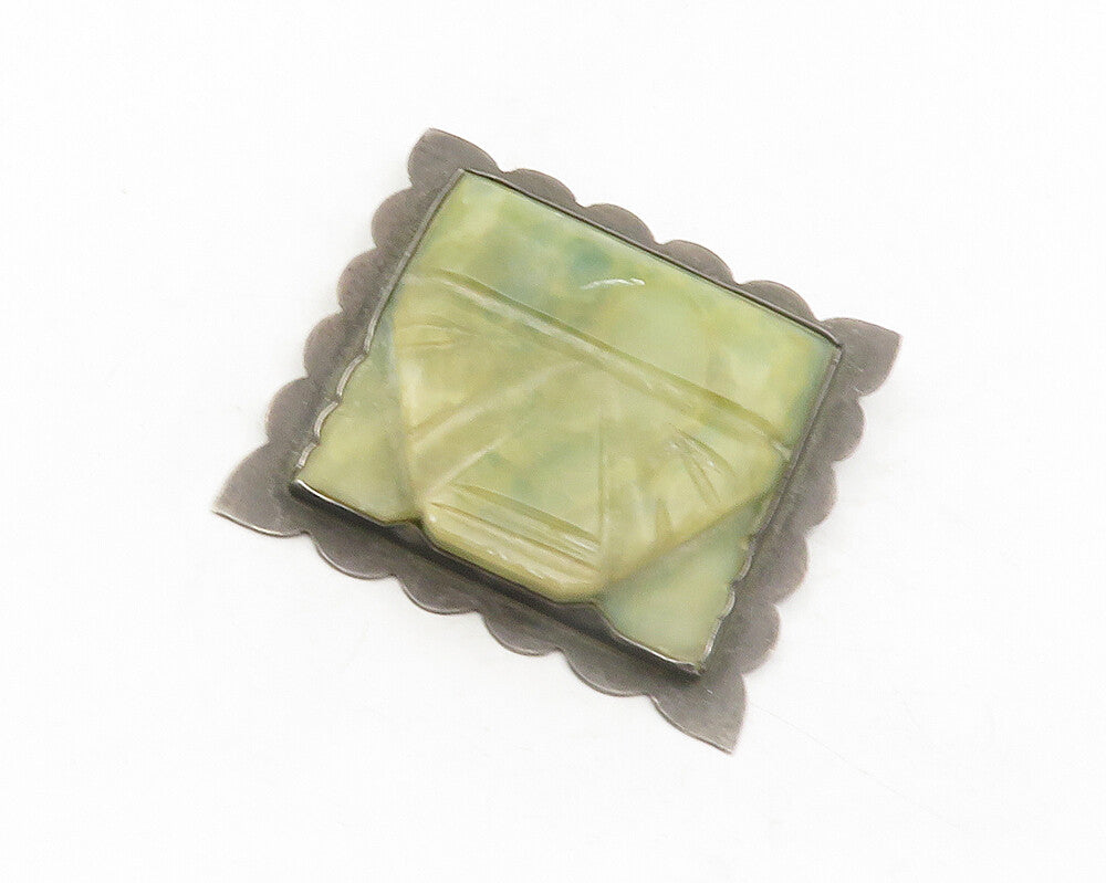 MEXICO 925 Sterling Silver  Vintage Jade Carved Face Square Brooch Pin  BP4680