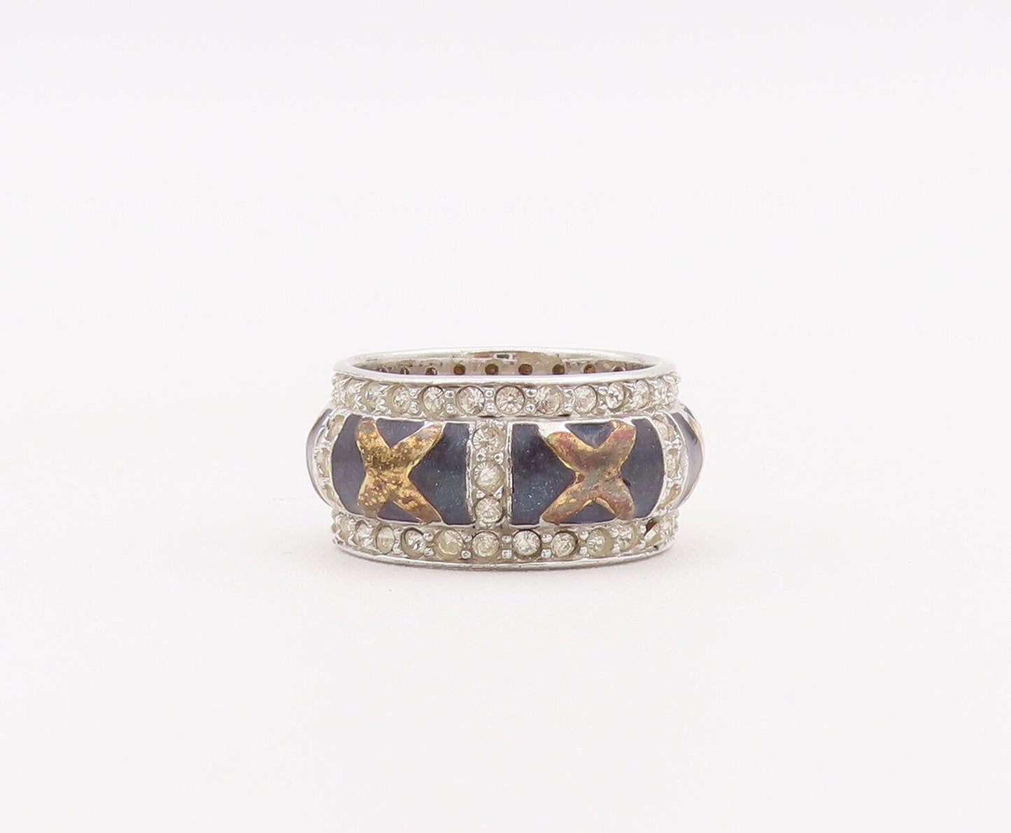 925 Sterling Silver Vintage Ring Designer Topaz Band Framed Carved Sz 6  RG28055