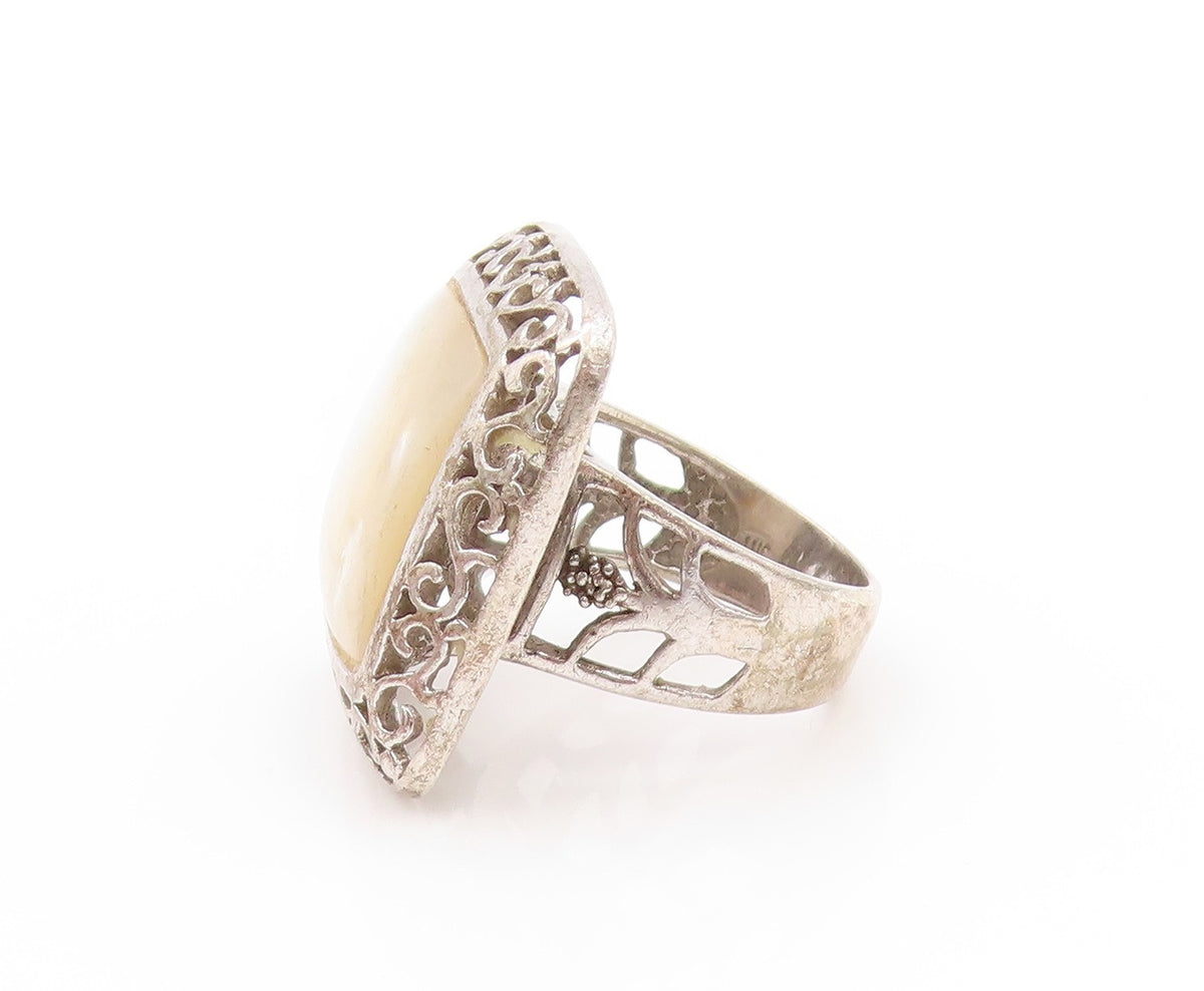 925 Sterling Silver Vintage Ring Amorphas Square Mother Of Pearls  Sz 7  RG32795
