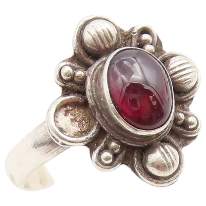 925 Sterling Silver Vintage Ring Cabochon Garnet Bohemian Flower  Sz 7  RG36670