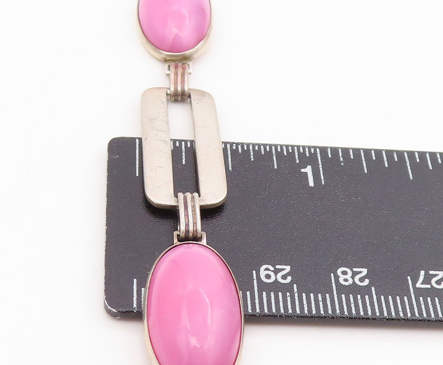 925 Sterling Silver Vintage Bracelet Oval Pink Gemstone Geometric Link  BT11687