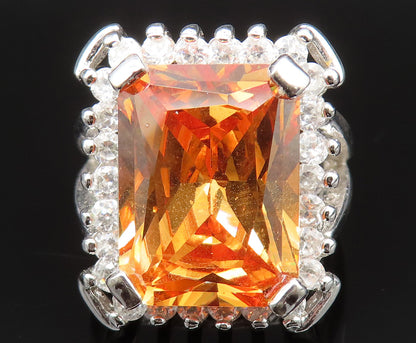 925 Sterling Silver  Vintage Square Citrine & Cubic Zirconia Ring Sz 7 RG25388