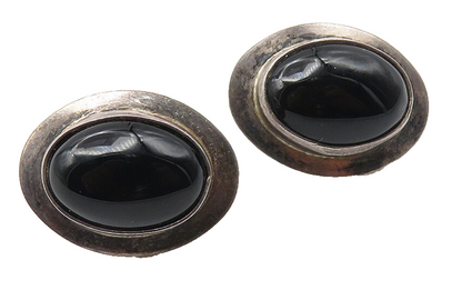 NAVAJO 925 Silver  Vintage Cabochon Cut Black Onyx Oval Stud Earrings  EG5896