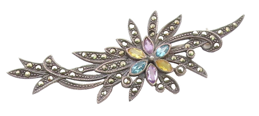 925 Silver  Vintage Amethyst Citrine Topaz & Marcasite Brooch Pin  BP8826