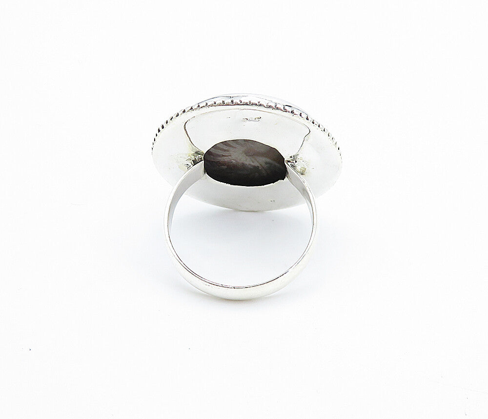 925 Sterling Silver  Jasper Round Fluted Border Cocktail Ring Sz 8  RG8017