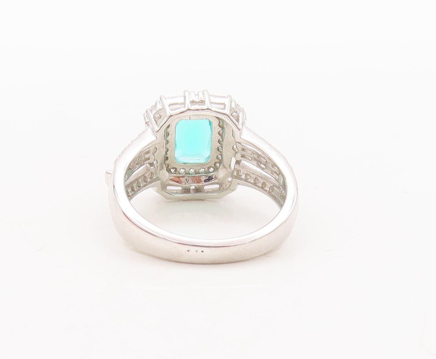 925 Sterling Silver Vintage Ring Rectangle Sea Green Halo White CZ Sz 7  RG29660