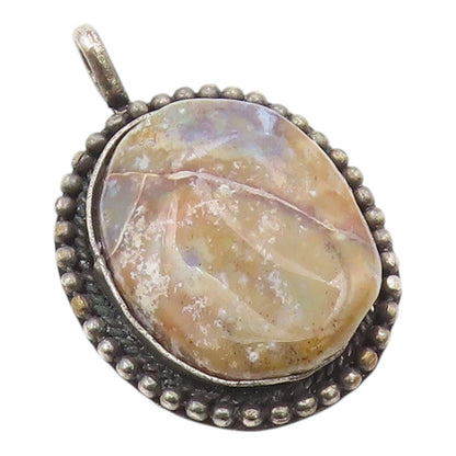 925 Sterling Silver  Vintage Jasper Bubble Twist Border Oval Pendant  PT7715