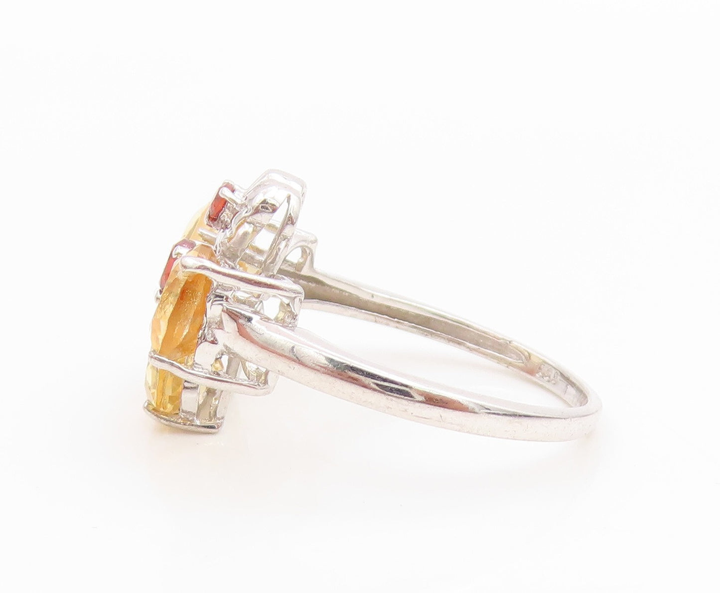 925 Sterling Silver Vintage Ring Citrine & Garnet Floral Petal  Sz 7  RG36172