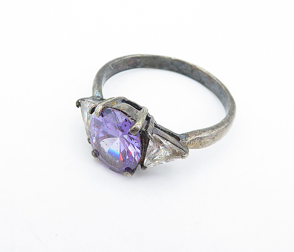 925 Silver  Vintage Purple & White Cubic Zirconia Band Ring Sz 9.5  RG7144