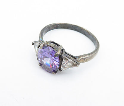 925 Silver  Vintage Purple & White Cubic Zirconia Band Ring Sz 9.5  RG7144