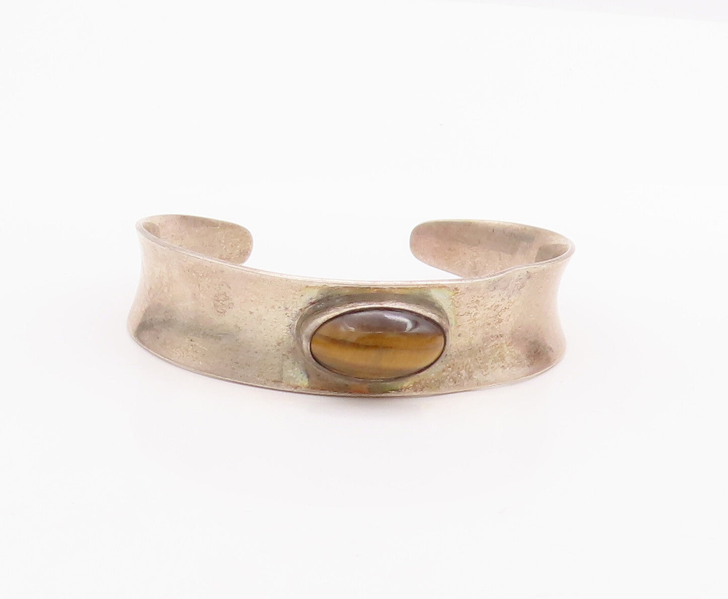 925 Sterling Silver Vintage Bracelet FROM DENMARK Oval Tiger's Eye Cuff BT10487