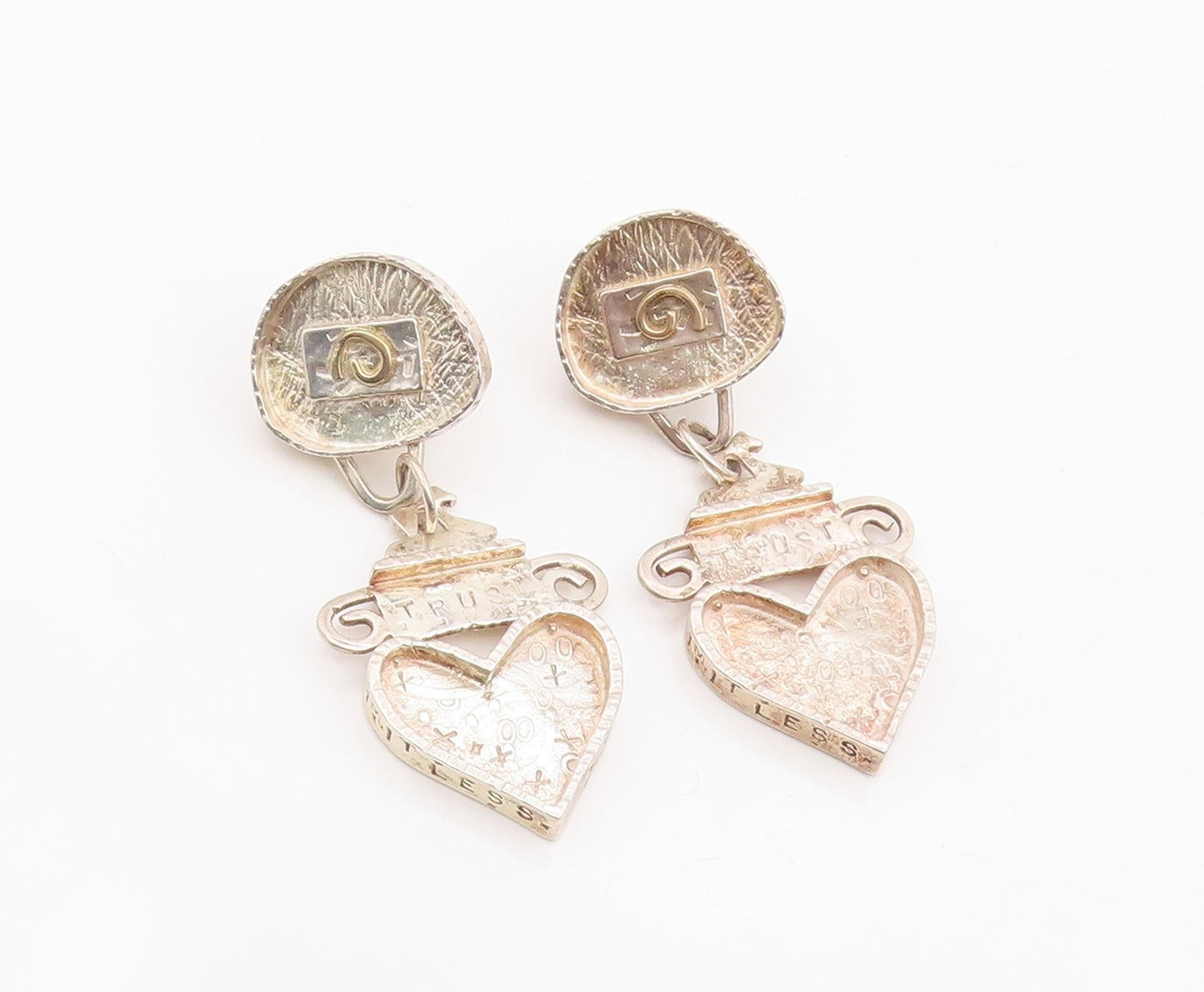 14k Gold & 925 Sterling Silver Vintage Earrings Love Heart Motif Dangle  EG14112