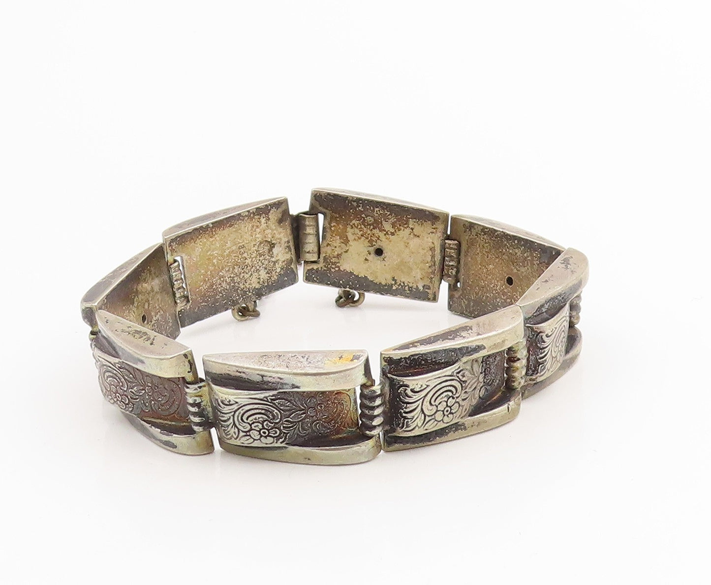 925 Sterling Silver Vintage Bracelet Dark Tone Engraved Floral Panels  BT11417