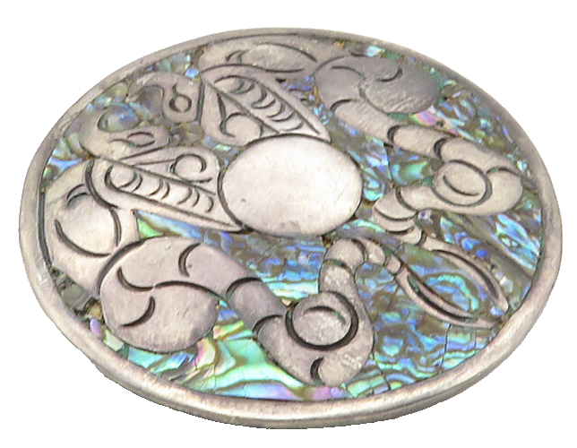 MEXICO 925 Sterling Silver  Vintage Abalone Etched Design Brooch Pin  BP3973