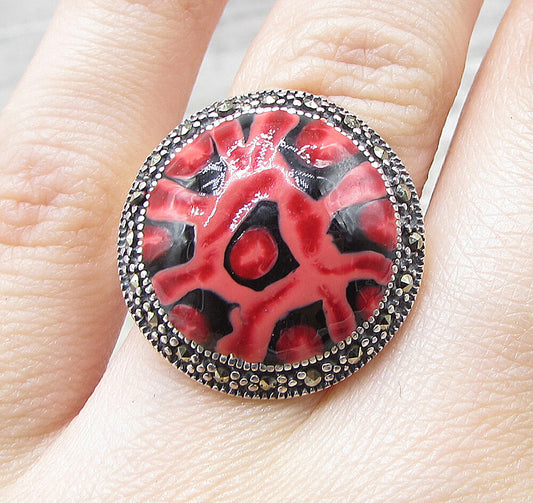 925 Sterling Silver Marcasite Multi Colored Enamel Shield Ring Sz 6 RG1603