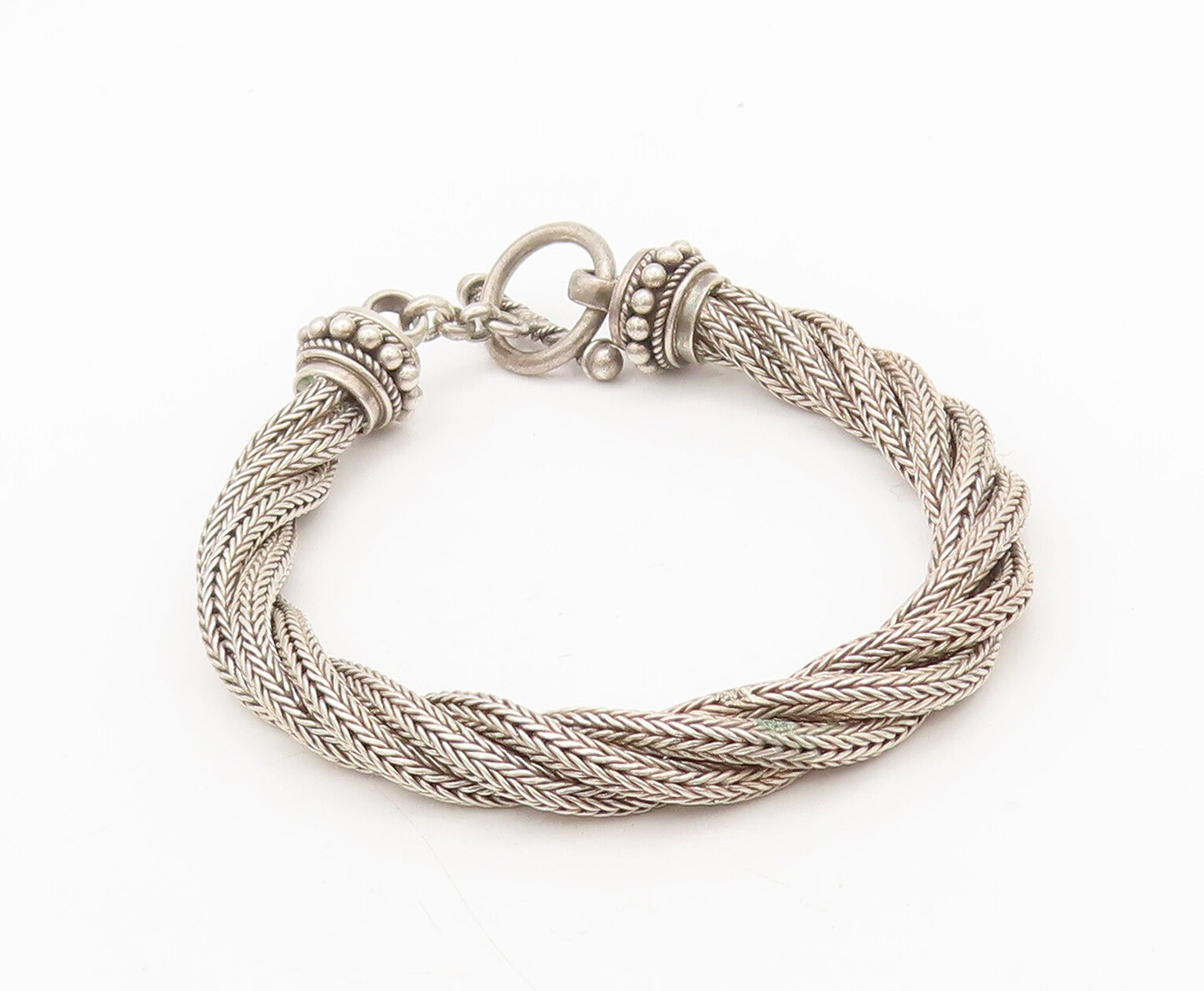 BALI 925 Sterling Silver  Vintage Twisted Ropes Beaded Thick Bracelet  BT10102