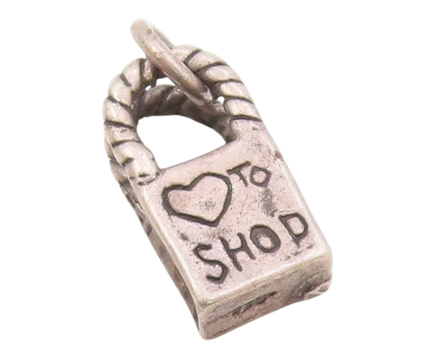 925 Silver  Vintage Engraved Love To Shop & Bow Tote Bag Charm Pendant PT21262