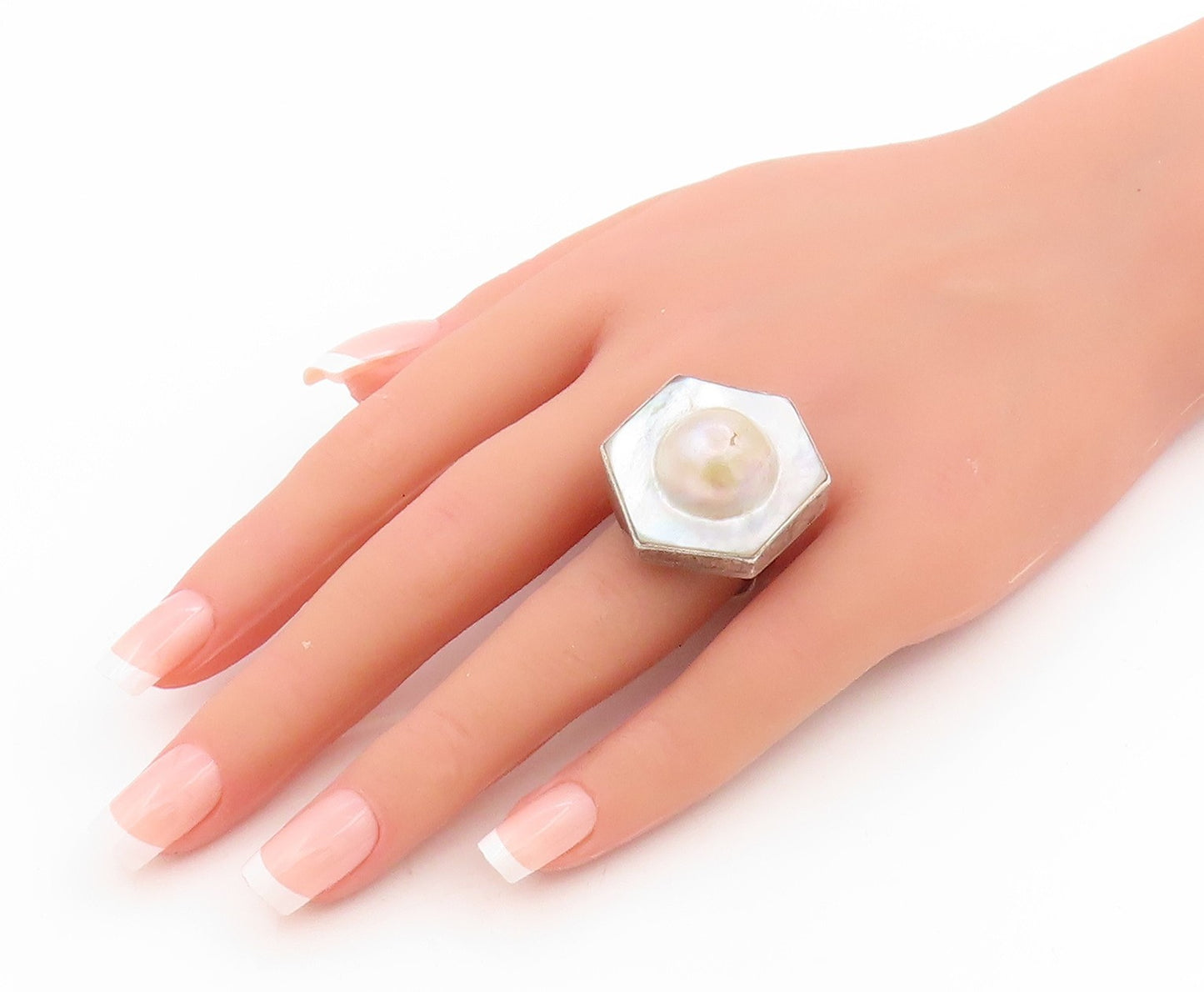925 Sterling Silver Vintage Ring Mother Of Pearl Hexagonal Band  Sz 8  RG34083