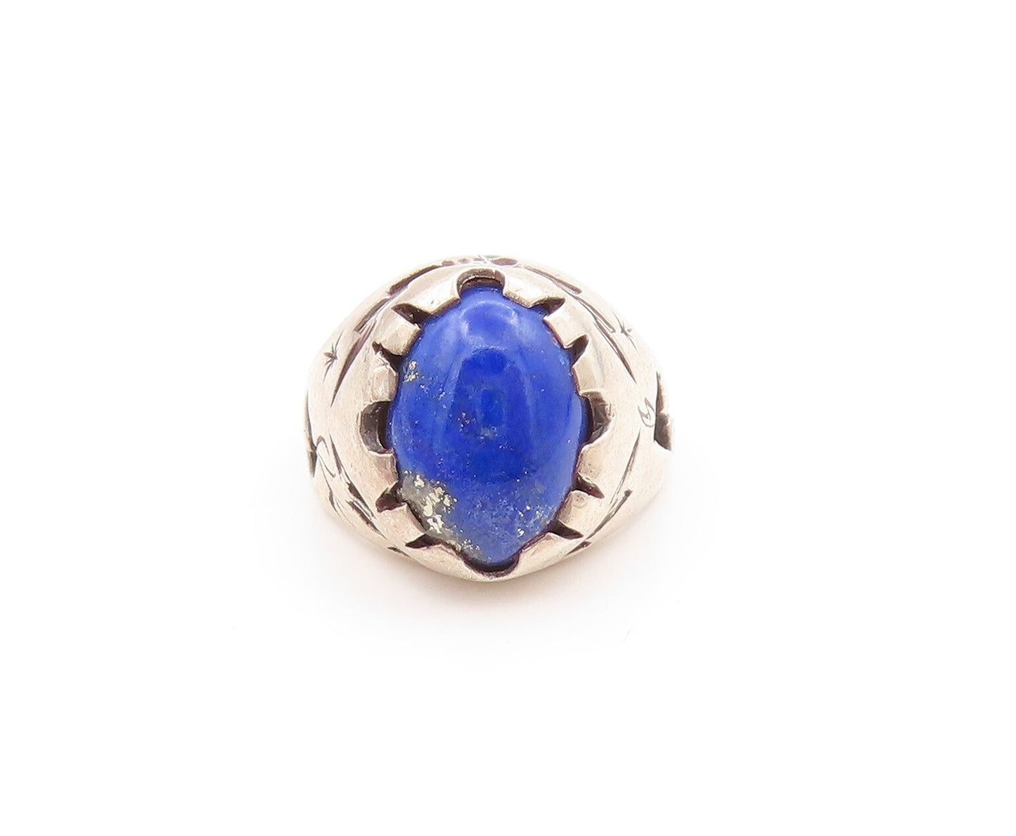 925 Sterling Silver Vintage Ring Solid Carved Band Lapis Lazuli  Sz 5  RG31811