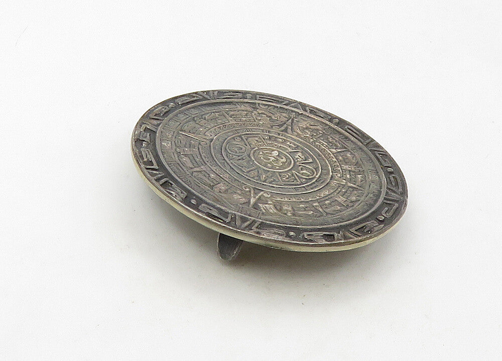 MEXICO 925 Silver  Vintage Mayan Aztec Sun Calendar Round Brooch Pin  BP8417