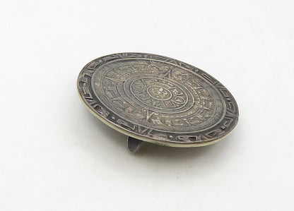 MEXICO 925 Silver  Vintage Mayan Aztec Sun Calendar Round Brooch Pin  BP8417