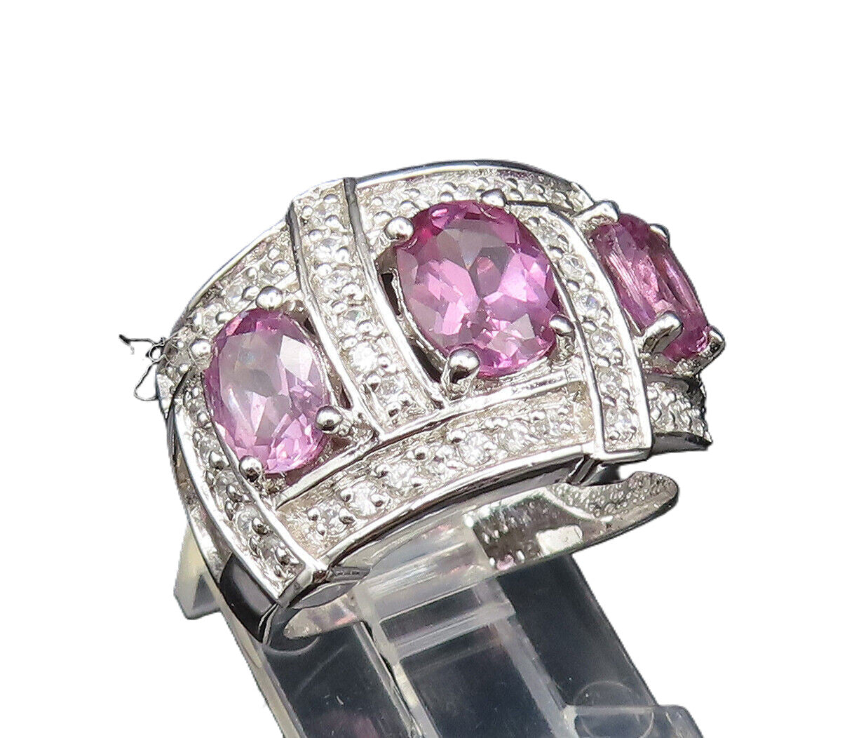 925 Sterling Silver  Vintage Wine Spinel & Cubic Zirconia Ring Sz 7.5  RG25565