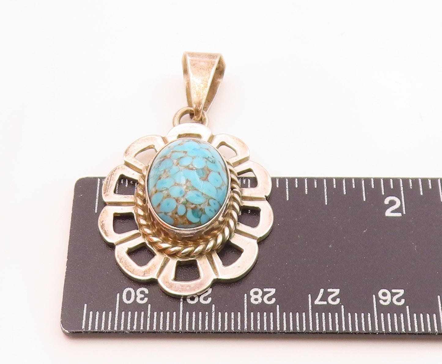 MEXICO 925 Silver  Vintage Cabochon Turquoise Flower Motif Pendant  PT16625