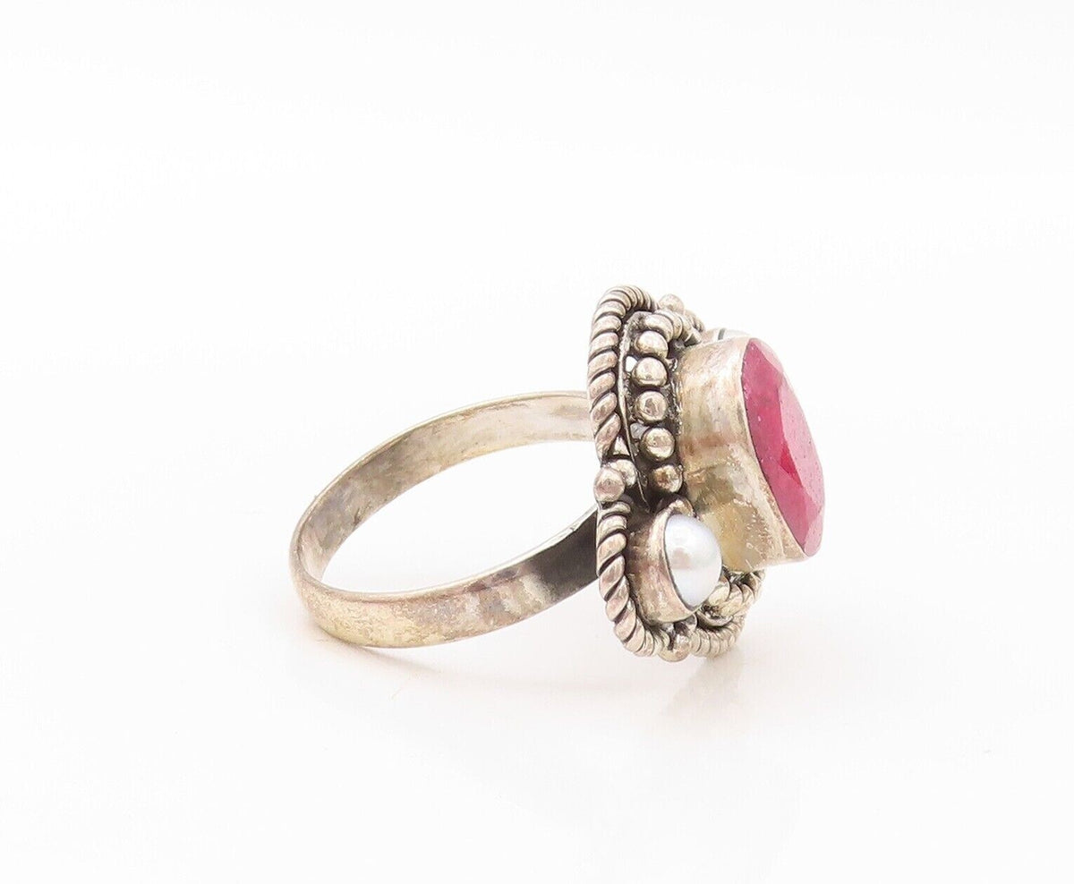 925 Sterling Silver Vintage Ring Twisted Rope Carved Ruby & Pearl Sz 7.5 RG30211